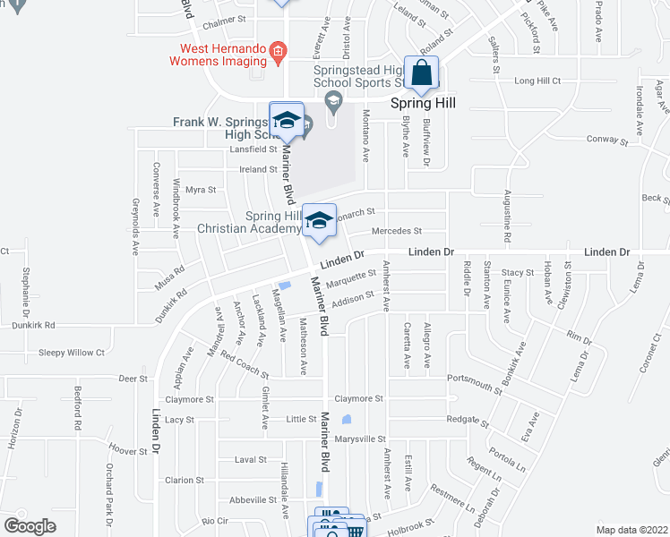 map of restaurants, bars, coffee shops, grocery stores, and more near 12502 Linden Drive in Spring Hill