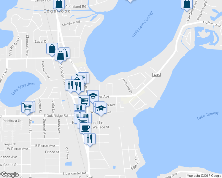 map of restaurants, bars, coffee shops, grocery stores, and more near 5638 Marinell Drive in Orlando