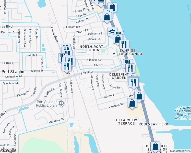 map of restaurants, bars, coffee shops, grocery stores, and more near 640 Aloha Avenue in Cocoa