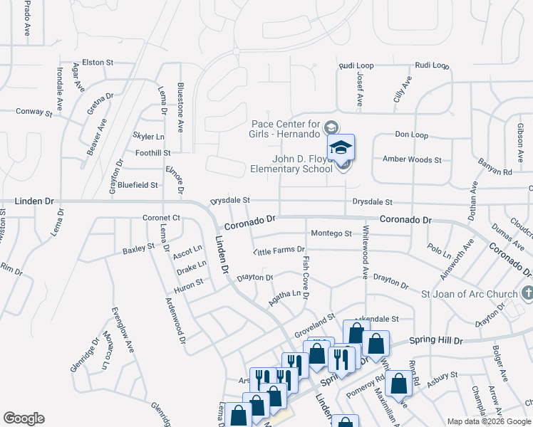 map of restaurants, bars, coffee shops, grocery stores, and more near 14665 Coronado Drive in Spring Hill