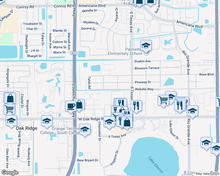 map of restaurants, bars, coffee shops, grocery stores, and more near 2603 Wakulla Way in Orlando
