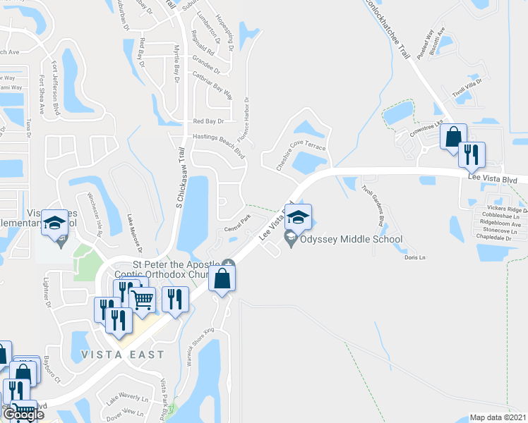 map of restaurants, bars, coffee shops, grocery stores, and more near 9125 Lee Vista Boulevard in Orlando