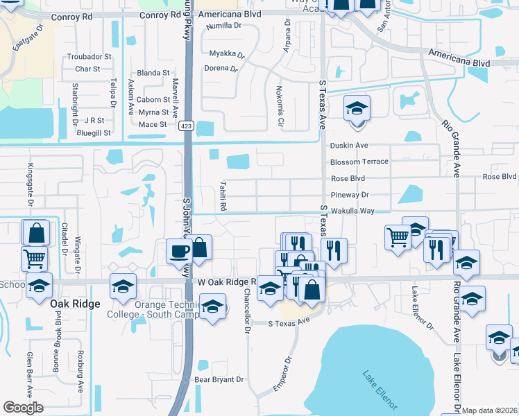 map of restaurants, bars, coffee shops, grocery stores, and more near 2603 Wakulla Way in Orlando