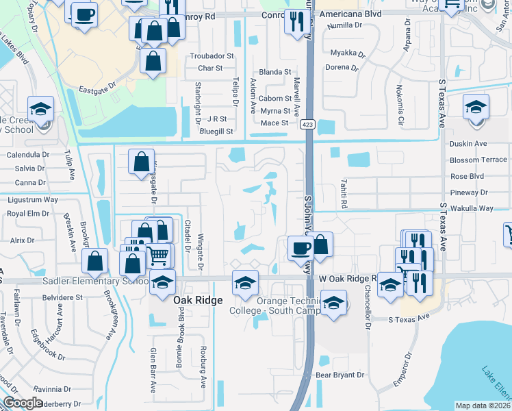 map of restaurants, bars, coffee shops, grocery stores, and more near 3726 Palm Desert Lane in Orlando