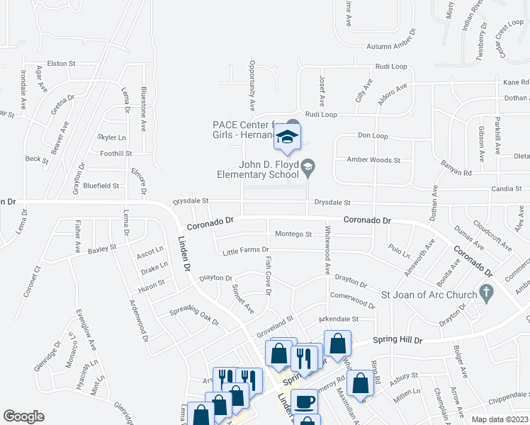 map of restaurants, bars, coffee shops, grocery stores, and more near 13215 Fish Cove Drive in Spring Hill