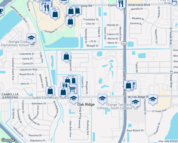 map of restaurants, bars, coffee shops, grocery stores, and more near 3830 Kingsbridge Drive in Orlando