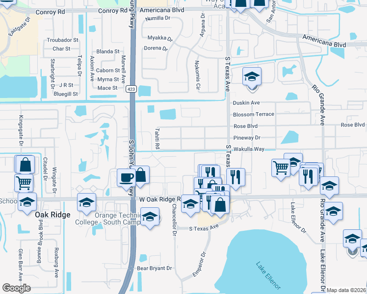 map of restaurants, bars, coffee shops, grocery stores, and more near 2603 Wakulla Way in Orlando
