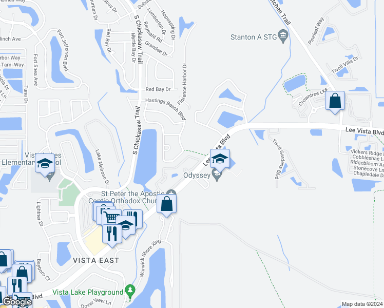 map of restaurants, bars, coffee shops, grocery stores, and more near 9117 Lee Vista Boulevard in Orlando