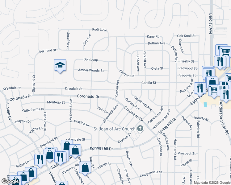 map of restaurants, bars, coffee shops, grocery stores, and more near 3699 Dothan Avenue in Spring Hill