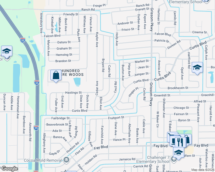 map of restaurants, bars, coffee shops, grocery stores, and more near 6745 Bryant Road in Cocoa