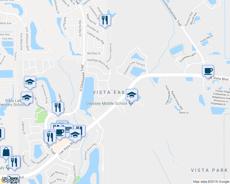 map of restaurants, bars, coffee shops, grocery stores, and more near 9125 Lee Vista Boulevard in Orlando