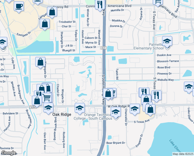 map of restaurants, bars, coffee shops, grocery stores, and more near 3907 Golden Bear Court in Pine Castle