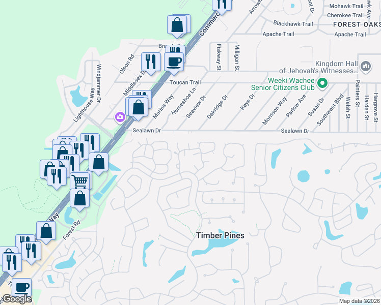 map of restaurants, bars, coffee shops, grocery stores, and more near 2646 Blue Ridge Circle in Spring Hill