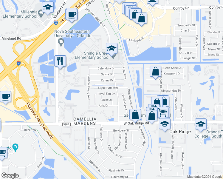 map of restaurants, bars, coffee shops, grocery stores, and more near 4522 Ligustrum Way in Orlando