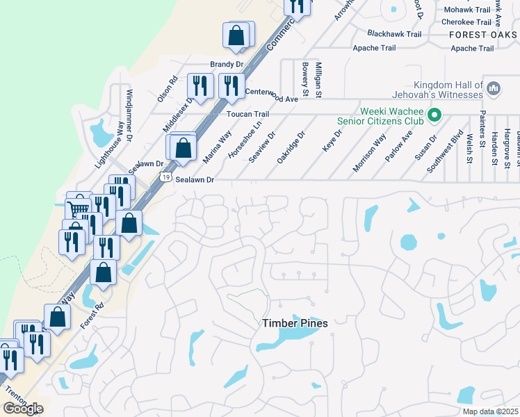 map of restaurants, bars, coffee shops, grocery stores, and more near 6765 Pearleaf Court in Spring Hill
