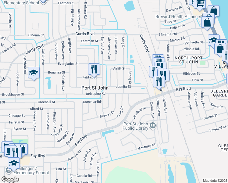 map of restaurants, bars, coffee shops, grocery stores, and more near 4095 Delespine Road in Cocoa