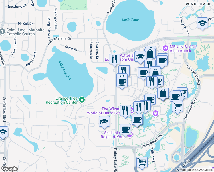 map of restaurants, bars, coffee shops, grocery stores, and more near 6032 Crystal View Drive in Orlando