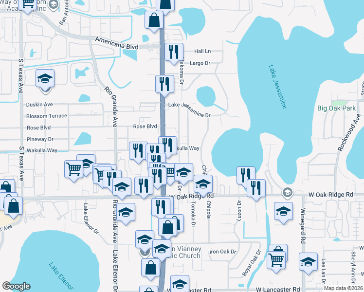 map of restaurants, bars, coffee shops, grocery stores, and more near 1202 Wakulla Way in Orlando