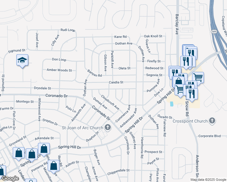 map of restaurants, bars, coffee shops, grocery stores, and more near 3105 Dow Lane in Spring Hill