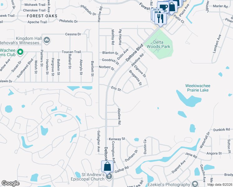 map of restaurants, bars, coffee shops, grocery stores, and more near 3132 Abeline Road in Spring Hill