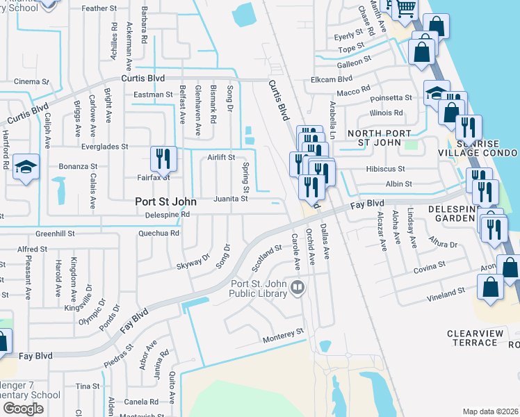 map of restaurants, bars, coffee shops, grocery stores, and more near 3940 Delespine Road in Cocoa