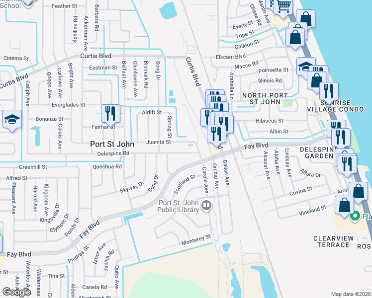 map of restaurants, bars, coffee shops, grocery stores, and more near 3940 Delespine Road in Cocoa