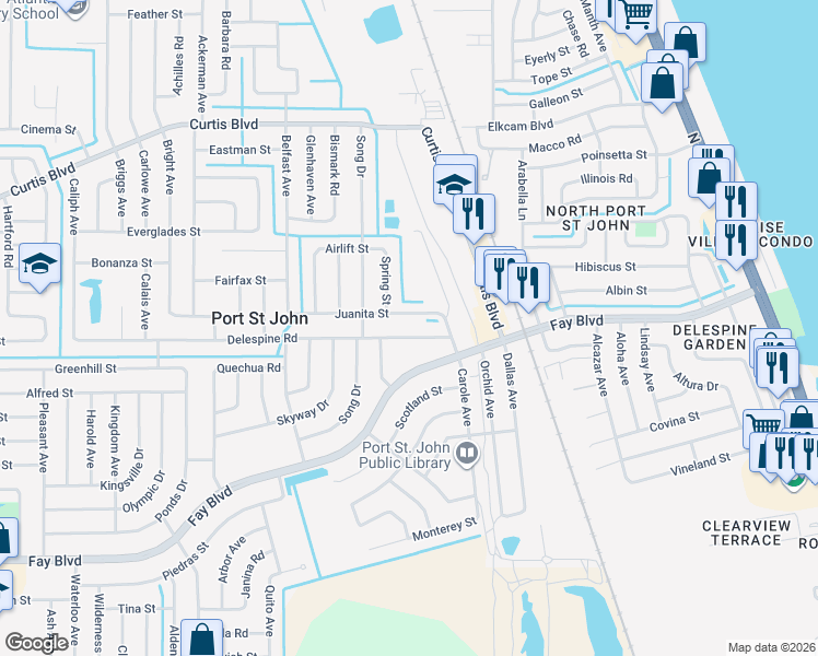 map of restaurants, bars, coffee shops, grocery stores, and more near 3940 Delespine Road in Cocoa