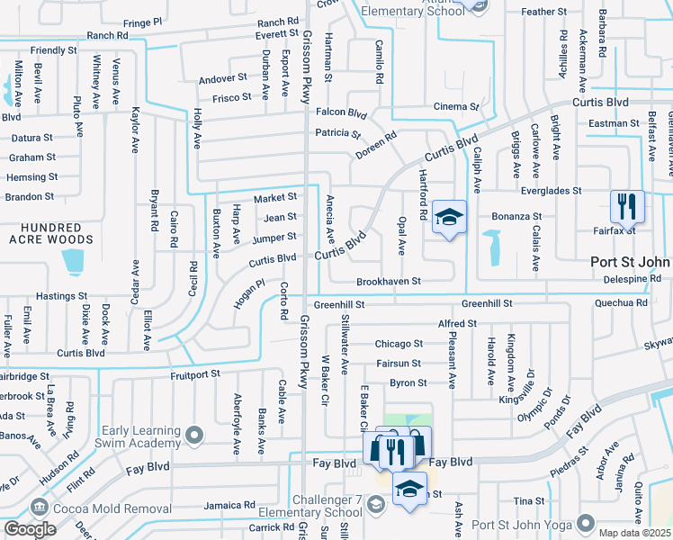 map of restaurants, bars, coffee shops, grocery stores, and more near 4925 Brookhaven Street in Cocoa