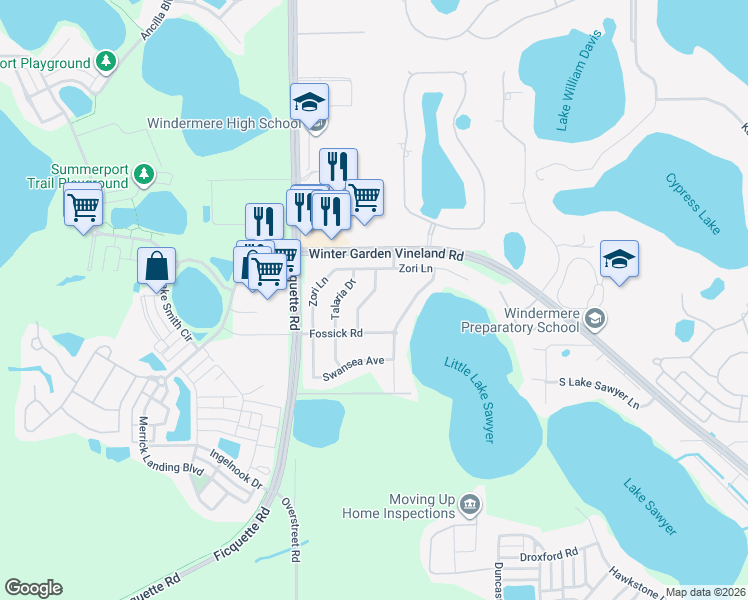 map of restaurants, bars, coffee shops, grocery stores, and more near 6226 Little Lake Sawyer Drive in Windermere