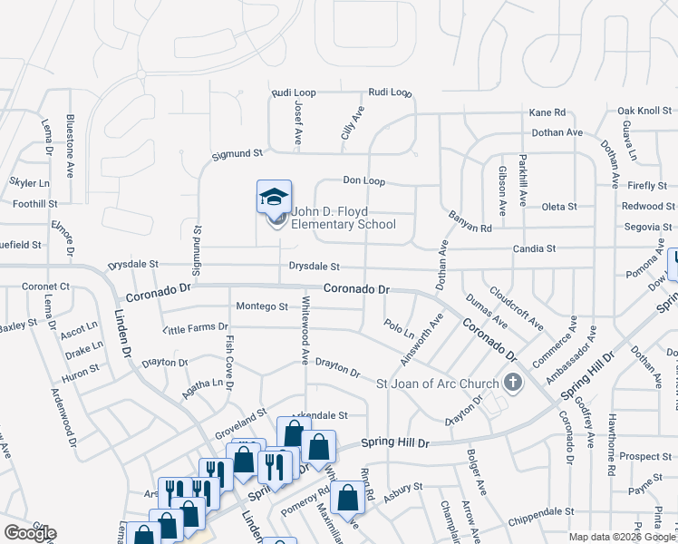 map of restaurants, bars, coffee shops, grocery stores, and more near 13190 Drysdale Street in Spring Hill