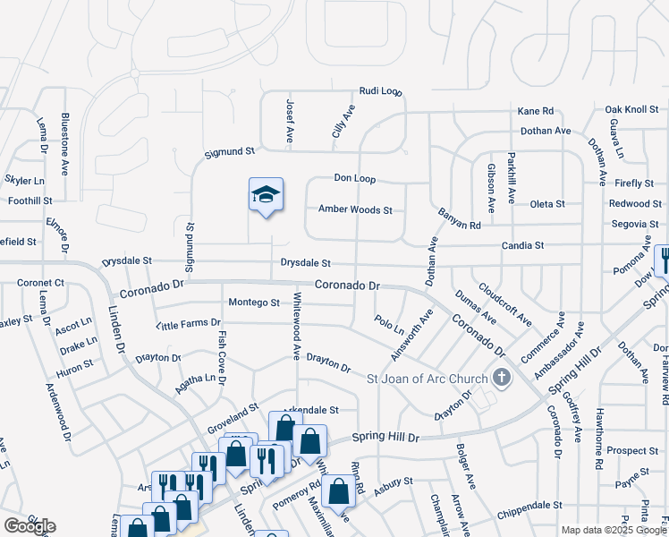 map of restaurants, bars, coffee shops, grocery stores, and more near 13198 Drysdale Street in Spring Hill