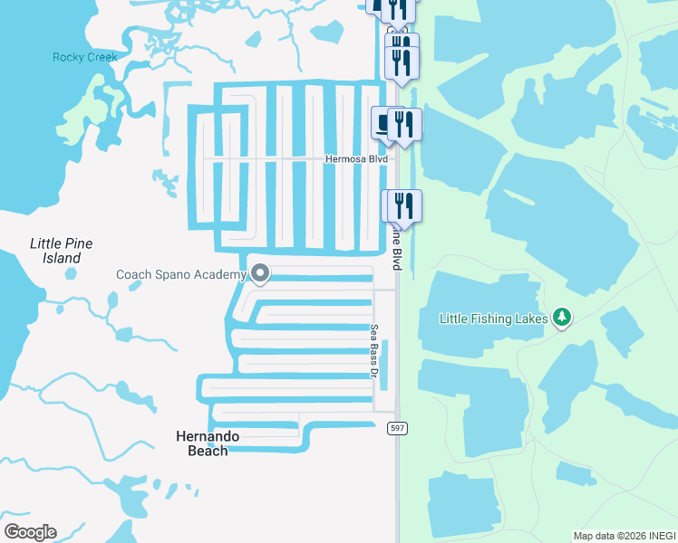 map of restaurants, bars, coffee shops, grocery stores, and more near 4017 Bluefish Drive in Hernando Beach