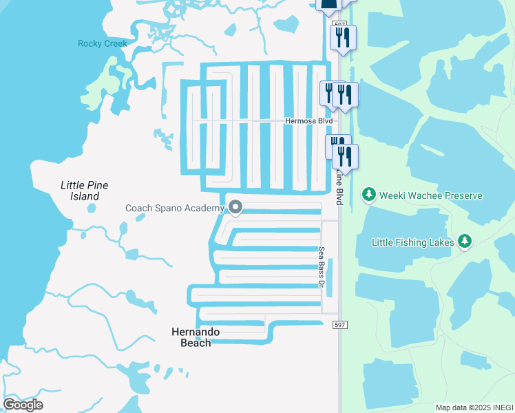 map of restaurants, bars, coffee shops, grocery stores, and more near 3464 Amberjack Drive in Hernando Beach