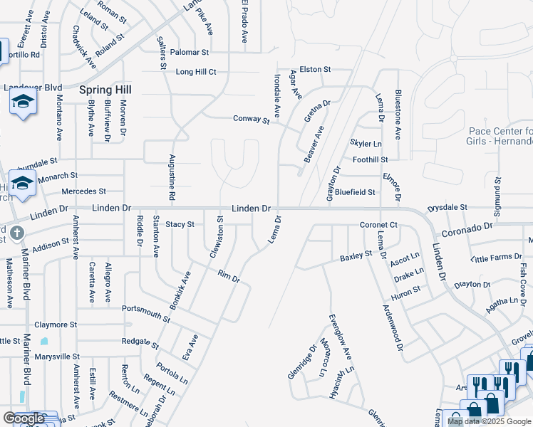 map of restaurants, bars, coffee shops, grocery stores, and more near 3105 Lema Drive in Spring Hill