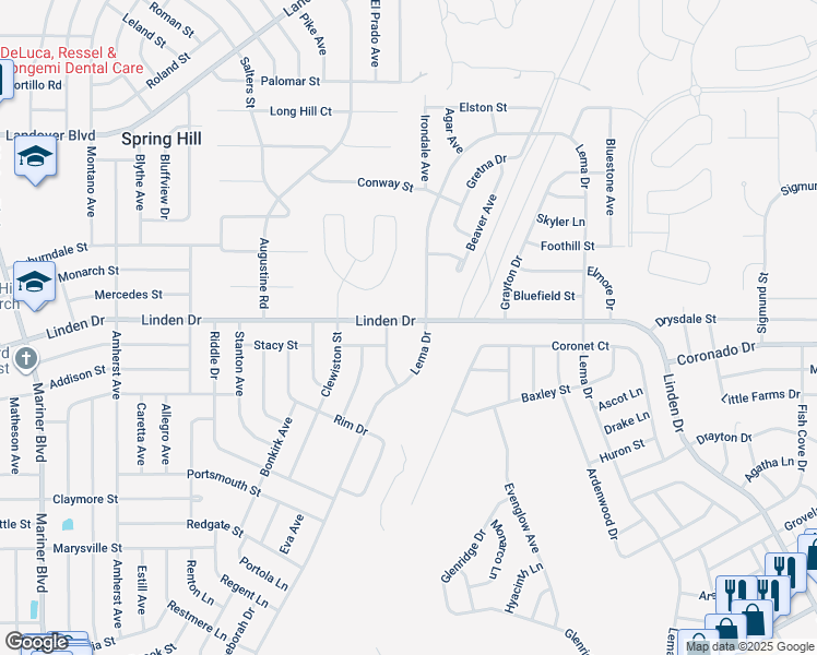 map of restaurants, bars, coffee shops, grocery stores, and more near 12958 Linden Drive in Spring Hill