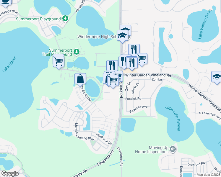 map of restaurants, bars, coffee shops, grocery stores, and more near 13506 Summerport Village Parkway in Windermere