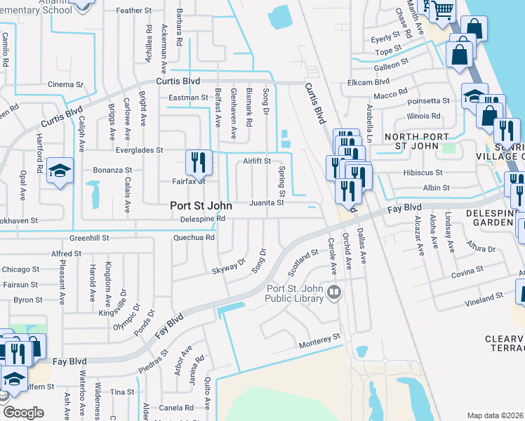 map of restaurants, bars, coffee shops, grocery stores, and more near 4095 Delespine Road in Cocoa