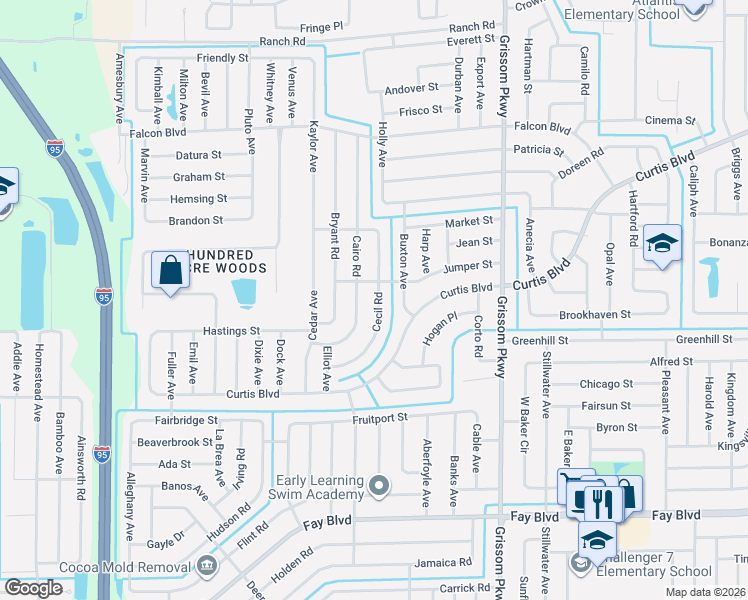 map of restaurants, bars, coffee shops, grocery stores, and more near 6724 Cecil Road in Cocoa