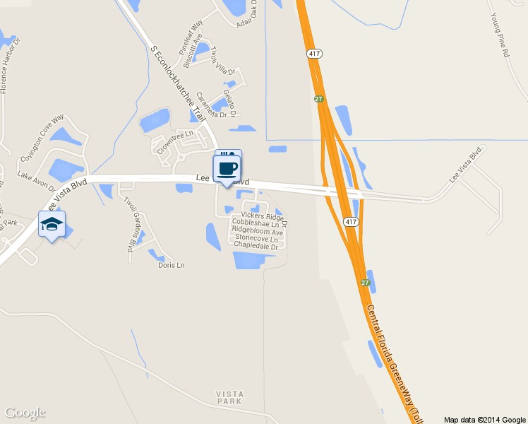 map of restaurants, bars, coffee shops, grocery stores, and more near 10084 Mooreshire Circle in Orlando