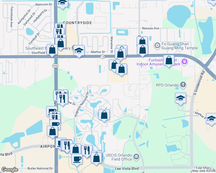 map of restaurants, bars, coffee shops, grocery stores, and more near 5975 Augusta National Drive in Orlando