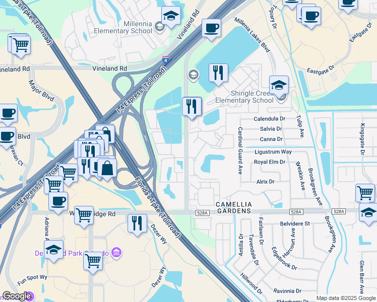map of restaurants, bars, coffee shops, grocery stores, and more near in Orlando