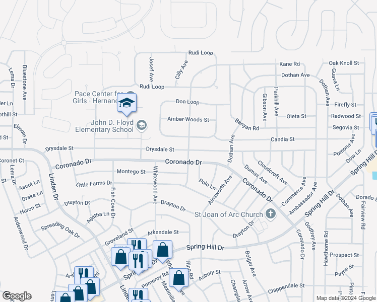 map of restaurants, bars, coffee shops, grocery stores, and more near 3098 Aldoro Avenue in Spring Hill