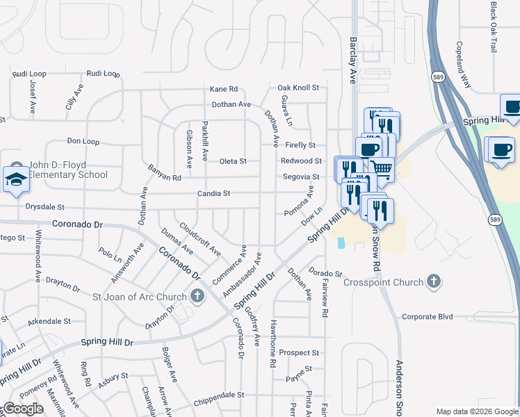 map of restaurants, bars, coffee shops, grocery stores, and more near 3101 Ambassador Avenue in Spring Hill