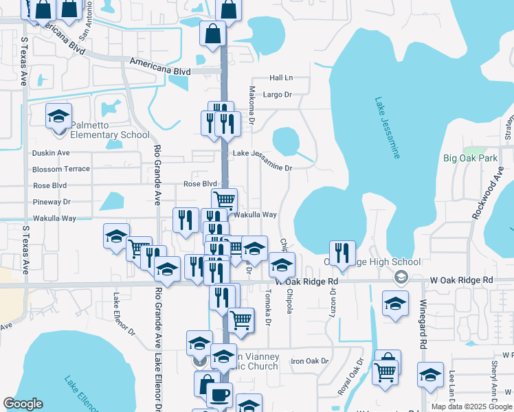 map of restaurants, bars, coffee shops, grocery stores, and more near 5650 Tomoka Drive in Orlando