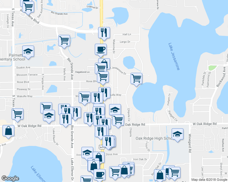 map of restaurants, bars, coffee shops, grocery stores, and more near 5650 Tomoka Drive in Orlando