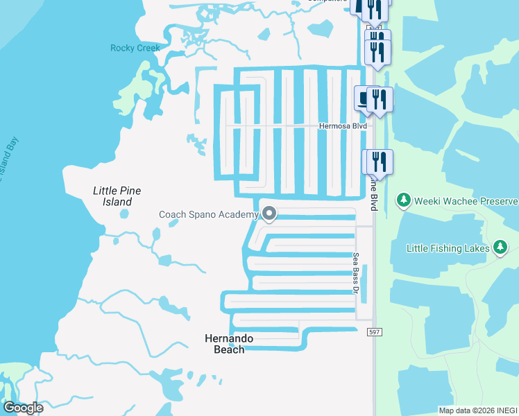 map of restaurants, bars, coffee shops, grocery stores, and more near 3402 Amberjack Drive in Hernando Beach