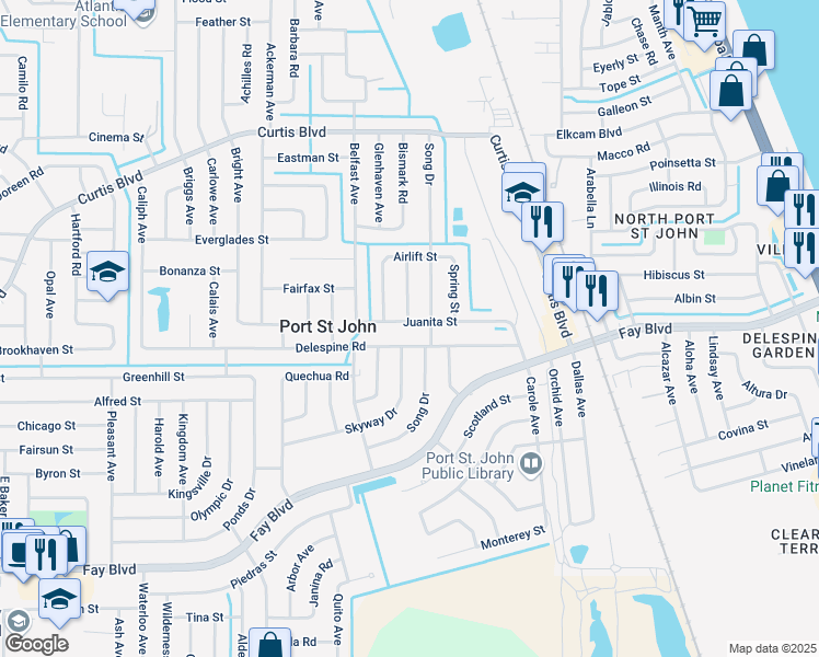 map of restaurants, bars, coffee shops, grocery stores, and more near 6770 Sandhill Drive in Cocoa