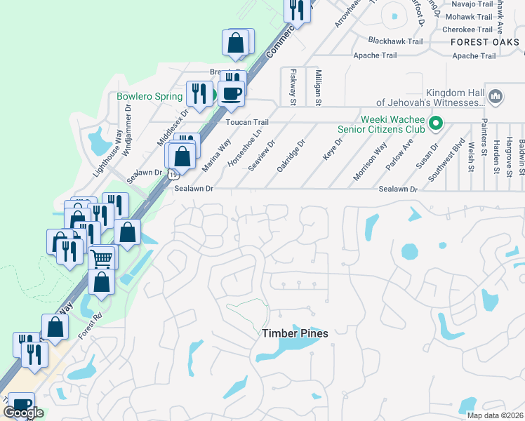 map of restaurants, bars, coffee shops, grocery stores, and more near 6697 Pin Oak Court in Spring Hill