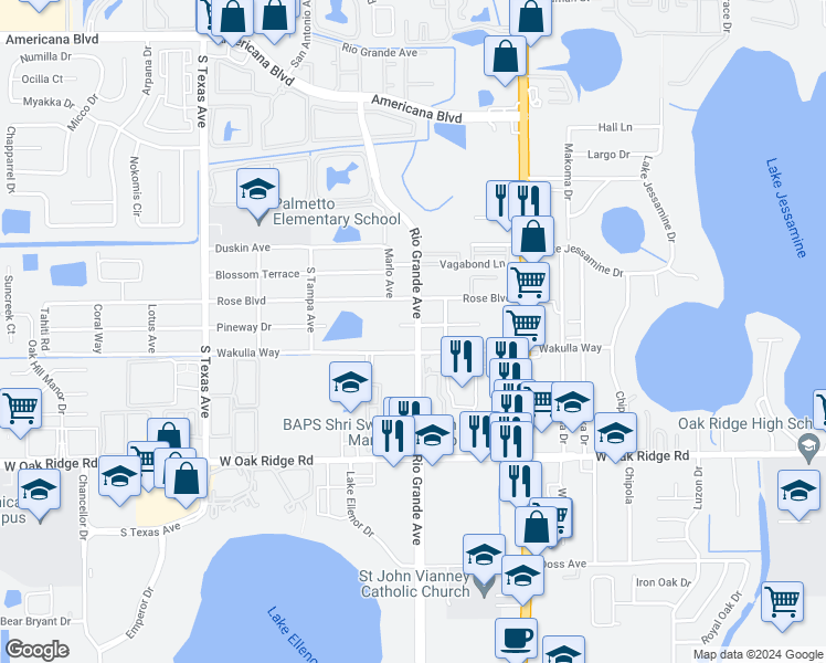 map of restaurants, bars, coffee shops, grocery stores, and more near 5640 South Rio Grande Avenue in Orlando