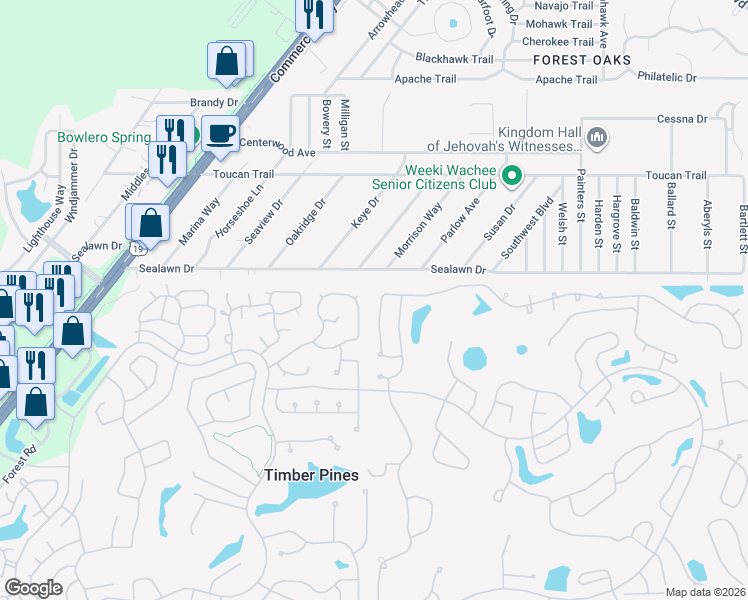 map of restaurants, bars, coffee shops, grocery stores, and more near 7335 Sugarbush Drive in Spring Hill